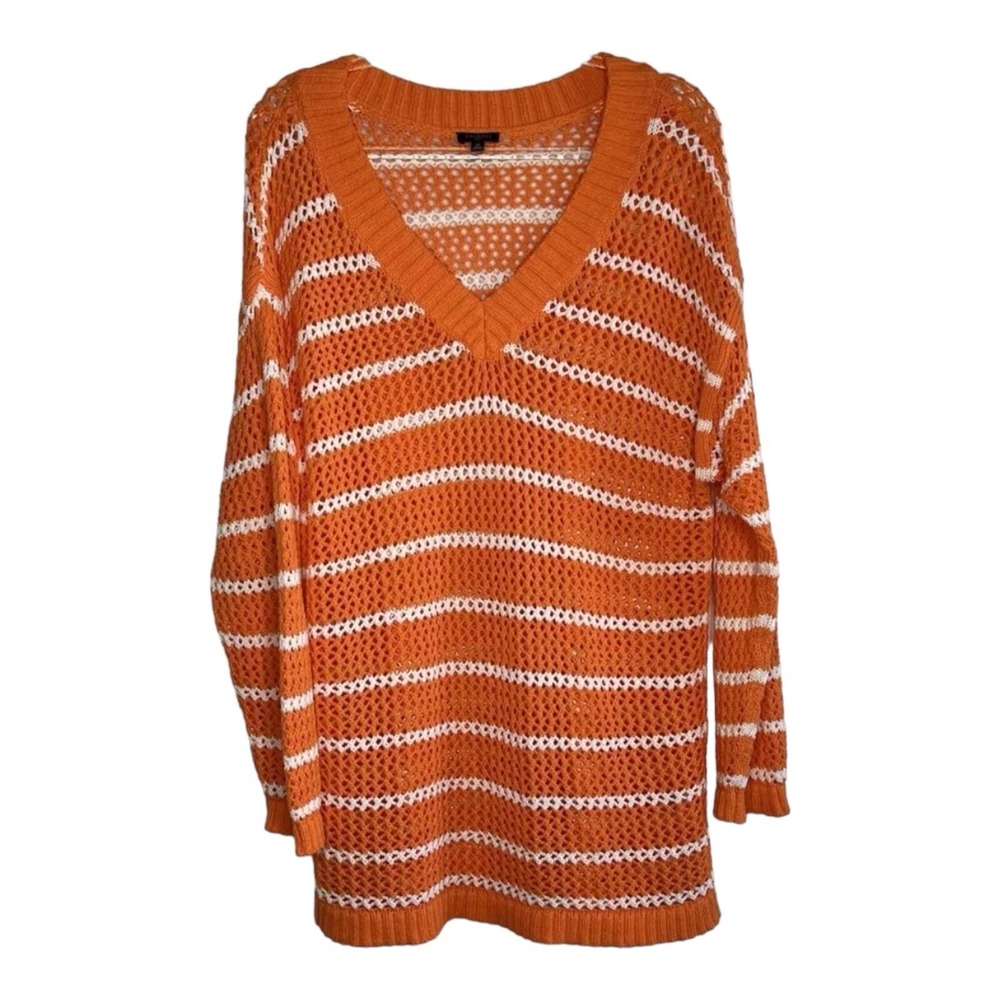 Talbots Sweater Womens  1X Orange Cotton Striped Beachy Boho Open Knit‎ Tunic